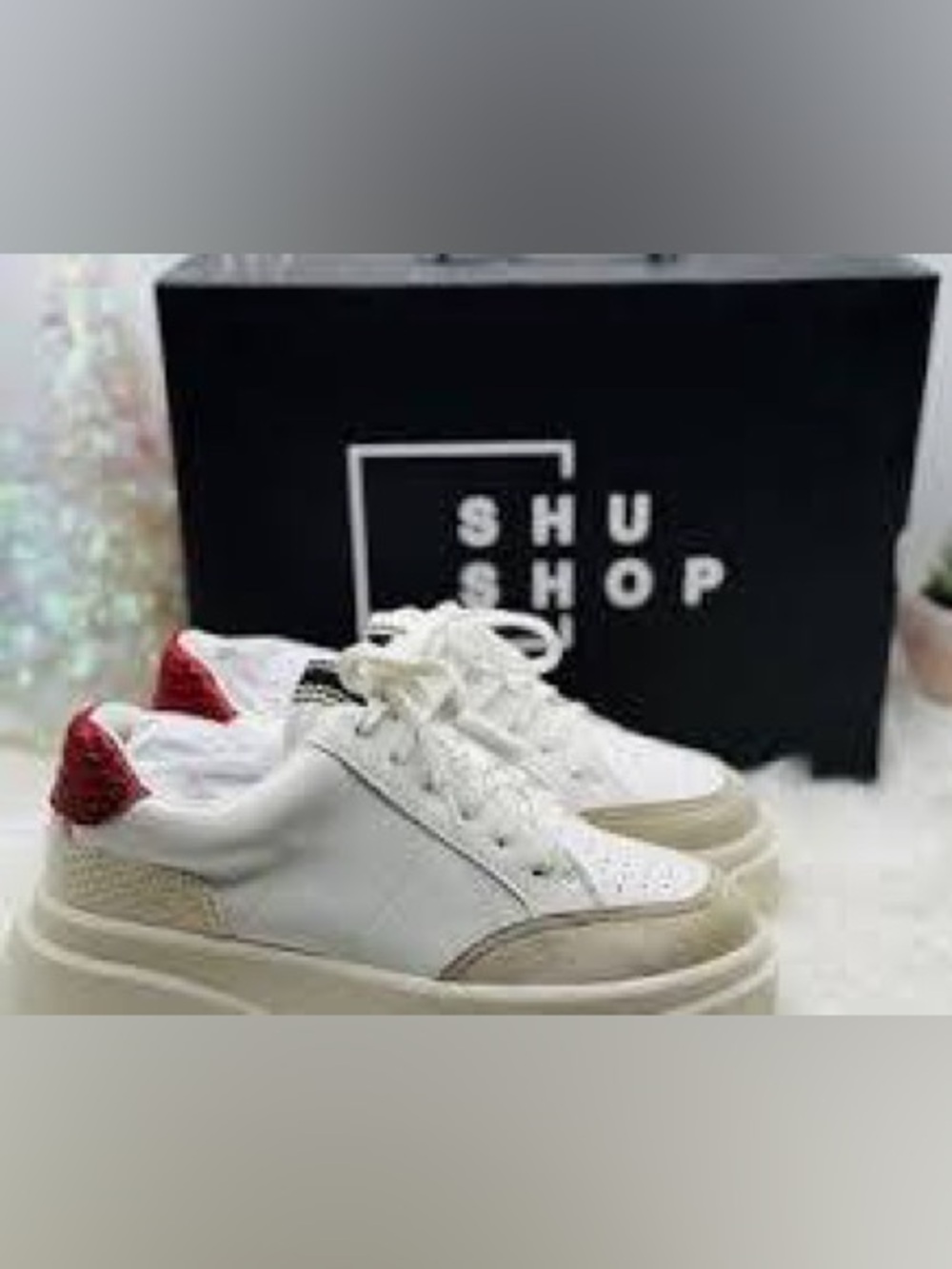 ShuShop White Sneakers with Red Heel Accent and Cream Sole